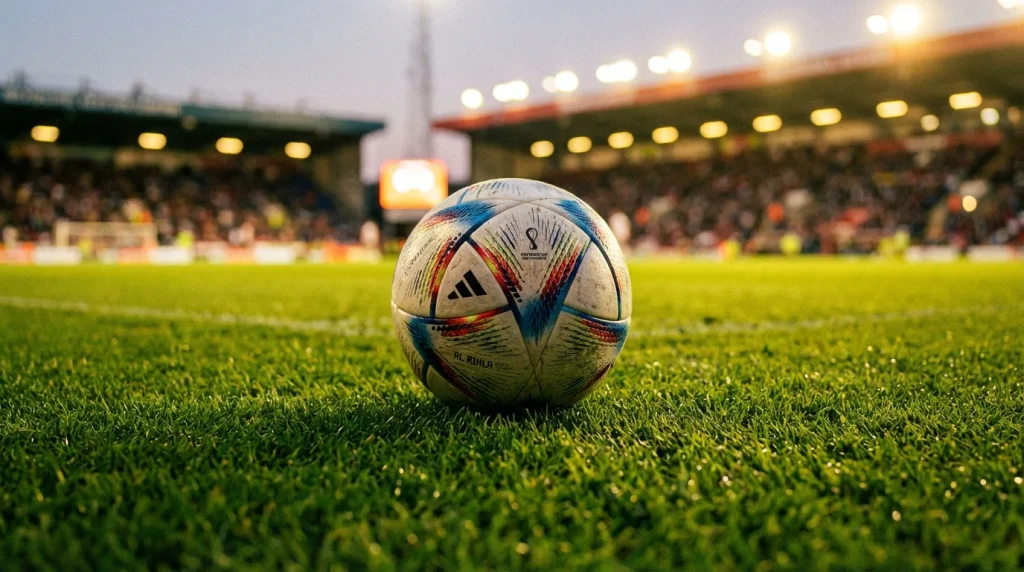 Bola de futebol no relvado de um estádio português com as bancadas desfocadas ao fundo