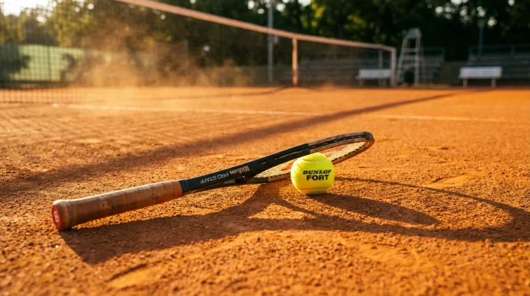Raquete de ténis e bola amarela sobre um court de terra batida com a rede ao fundo