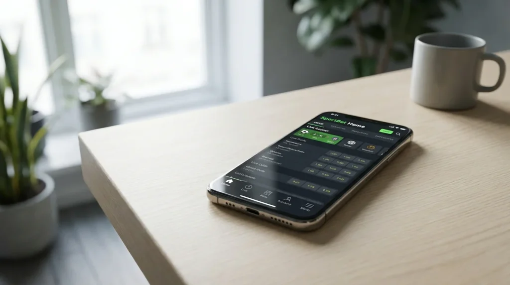 Telemóvel com a interface de uma aplicação de apostas aberta sobre uma mesa