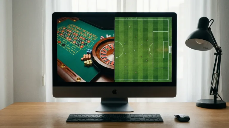Ecrã dividido ao meio com uma mesa de roleta de um lado e um campo de futebol do outro