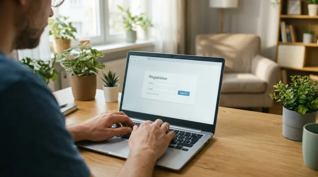 Pessoa a utilizar um computador portátil com um formulário de registo visível no ecrã