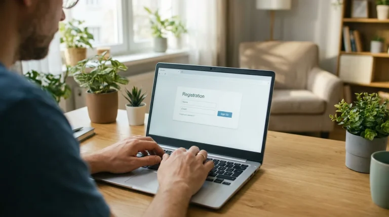 Pessoa a utilizar um computador portátil com um formulário de registo visível no ecrã