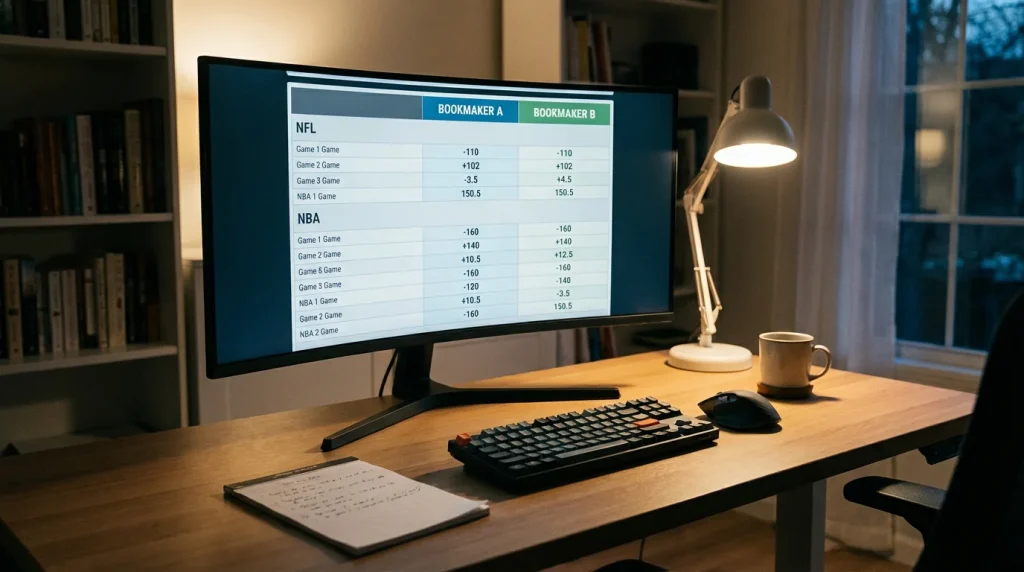 Ecrã de computador com tabelas de odds de apostas desportivas lado a lado