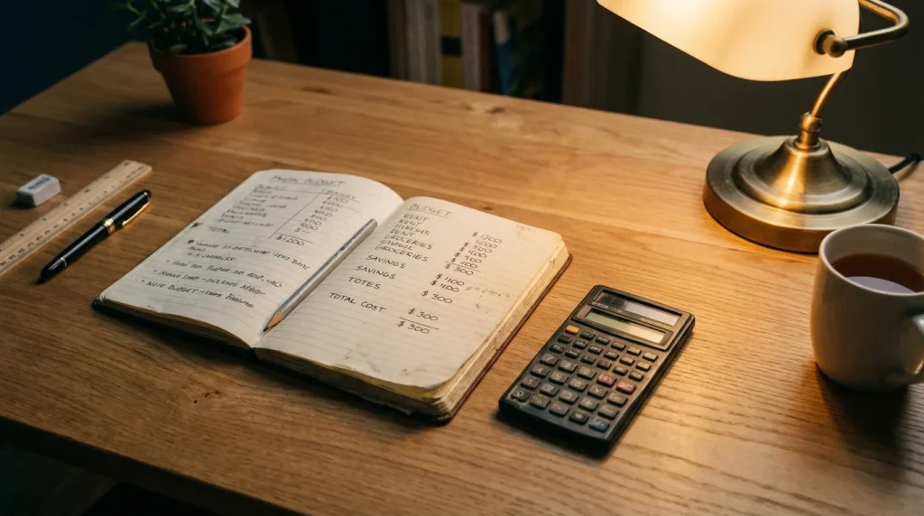 Caderno com anotações numéricas e uma calculadora sobre uma secretária organizada
