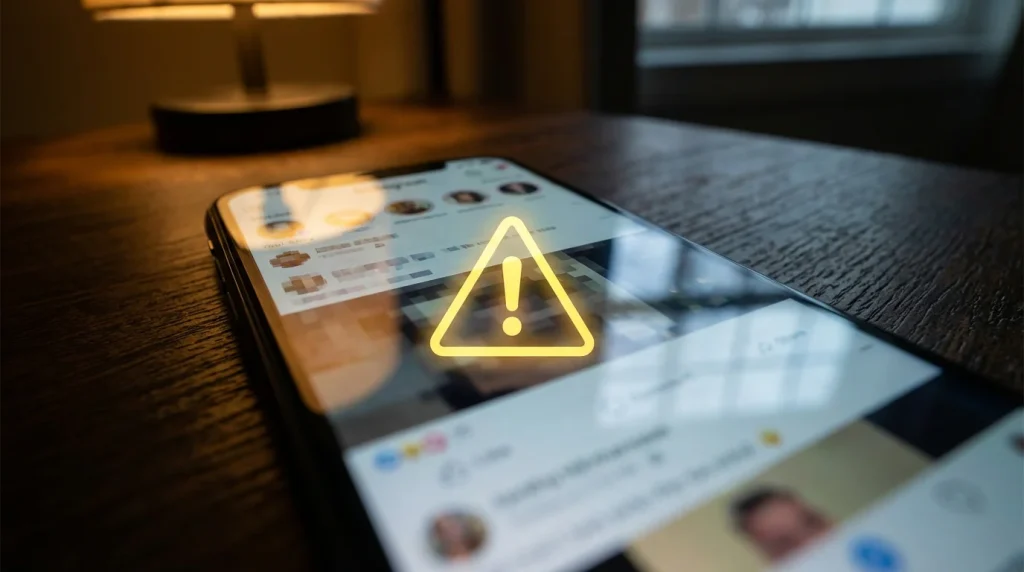 Telemóvel com uma publicação de rede social desfocada e um ícone de alerta sobreposto