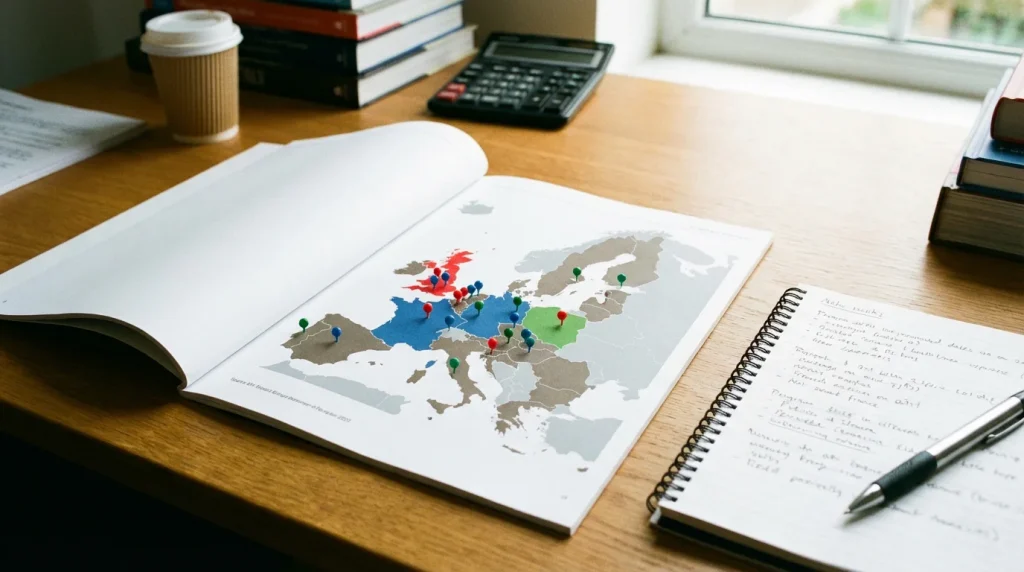 Mapa da Europa impresso num relatório com marcadores coloridos a assinalar diferentes países