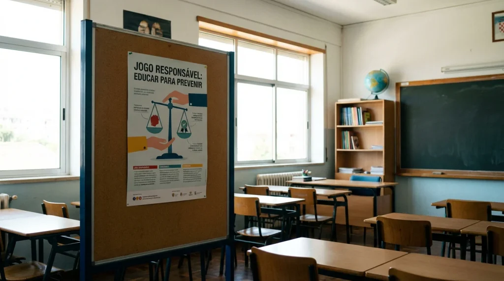 Sala de aula com cartaz de sensibilização sobre jogo responsável afixado na parede