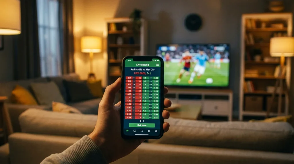 Telemóvel com odds de apostas ao vivo a mudar durante um jogo de futebol transmitido na televisão ao fundo
