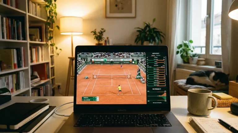 Computador portátil a transmitir um jogo de ténis em direto com estatísticas no ecrã