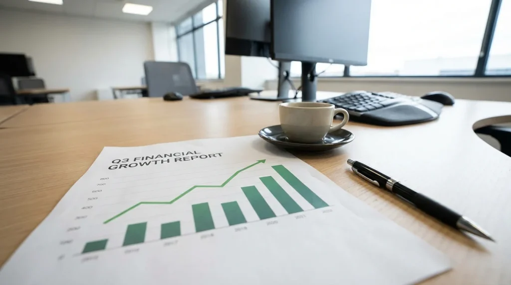 Gráfico de crescimento impresso num relatório financeiro sobre uma secretária de escritório