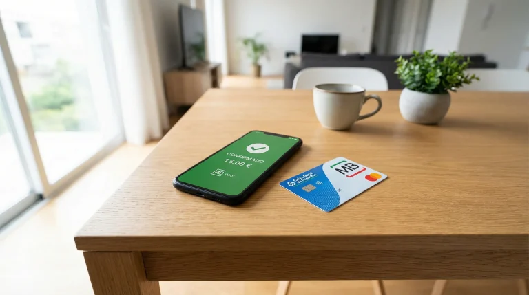 Telemóvel com a aplicação MB Way aberta junto a um cartão multibanco sobre uma mesa