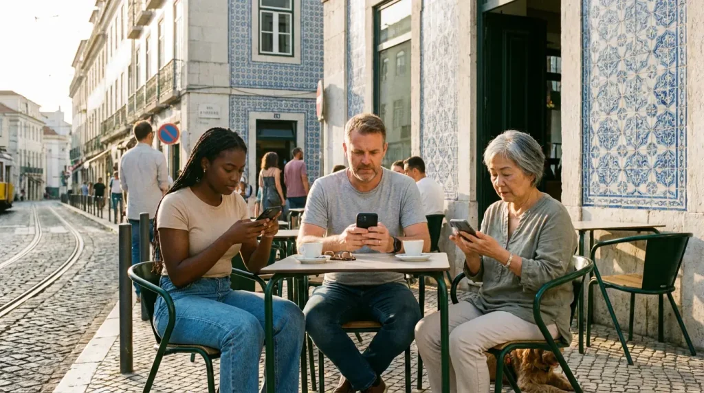 Grupo diversificado de pessoas a utilizar telemóveis numa esplanada em Lisboa
