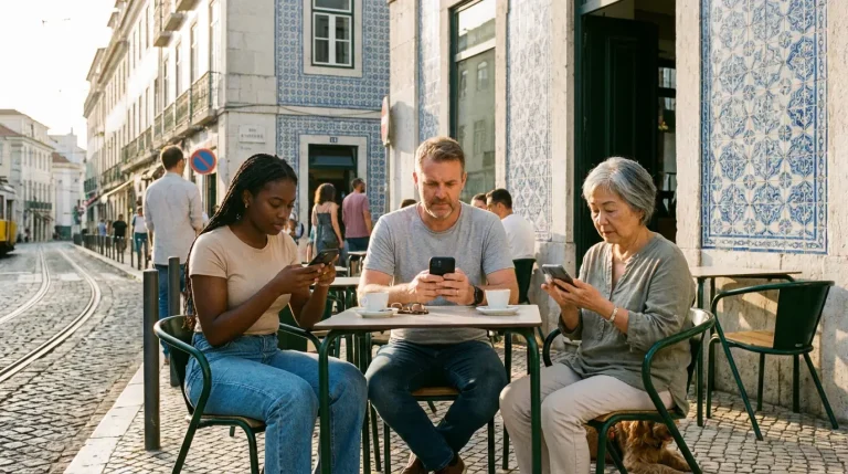 Grupo diversificado de pessoas a utilizar telemóveis numa esplanada em Lisboa