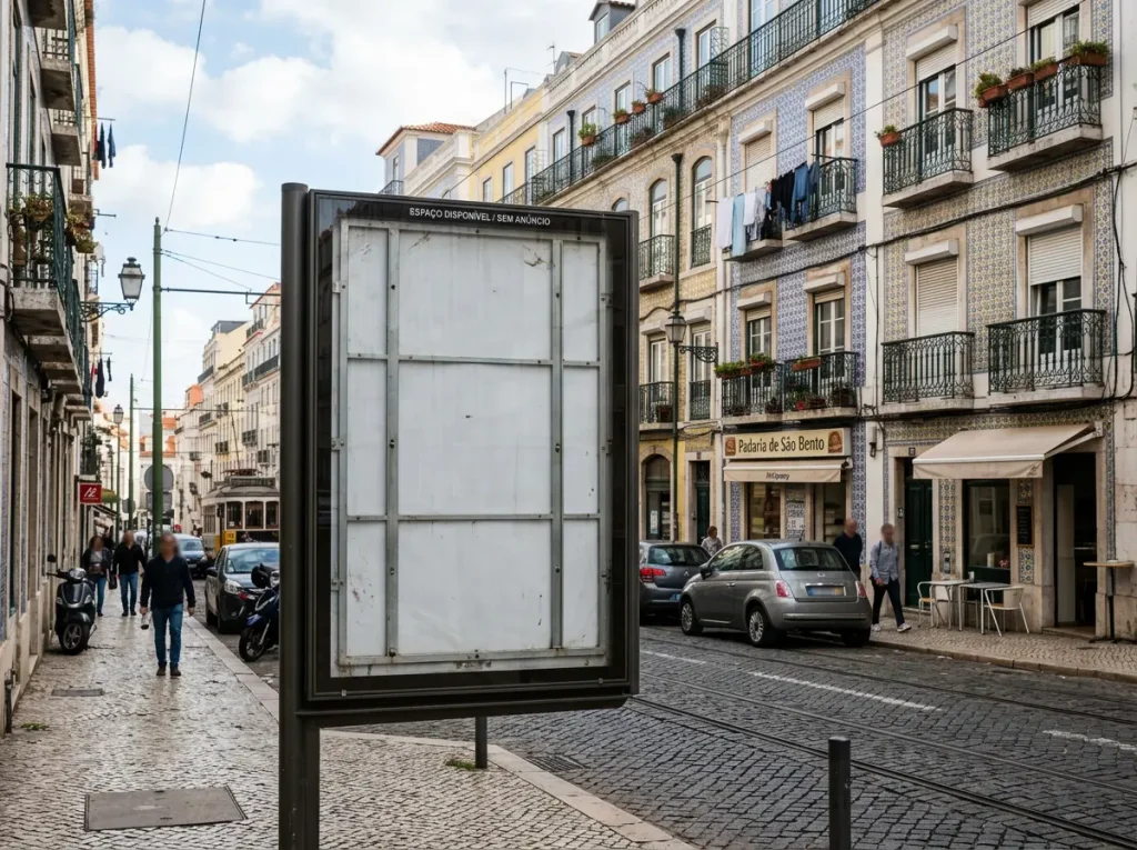 Outdoor publicitário vazio numa rua portuguesa com edifícios típicos ao fundo