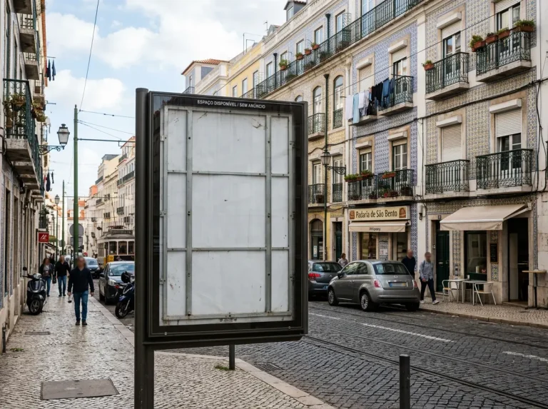 Outdoor publicitário vazio numa rua portuguesa com edifícios típicos ao fundo