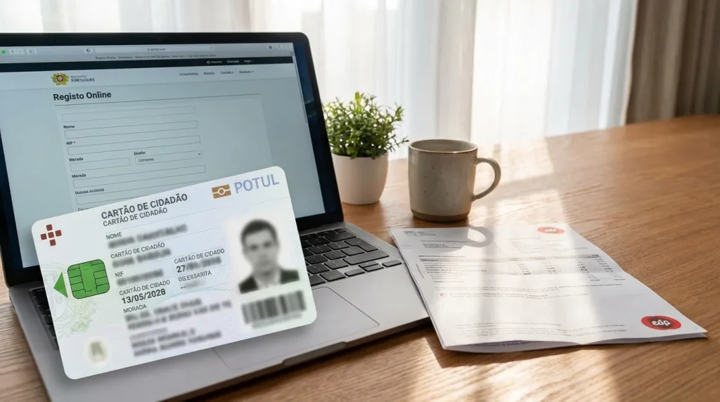 Cartão de cidadão português e comprovativo de morada sobre uma mesa junto a um computador portátil