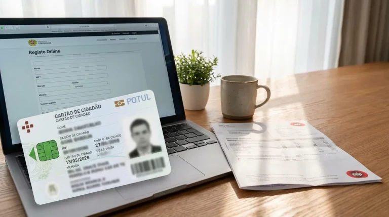 Cartão de cidadão português e comprovativo de morada sobre uma mesa junto a um computador portátil