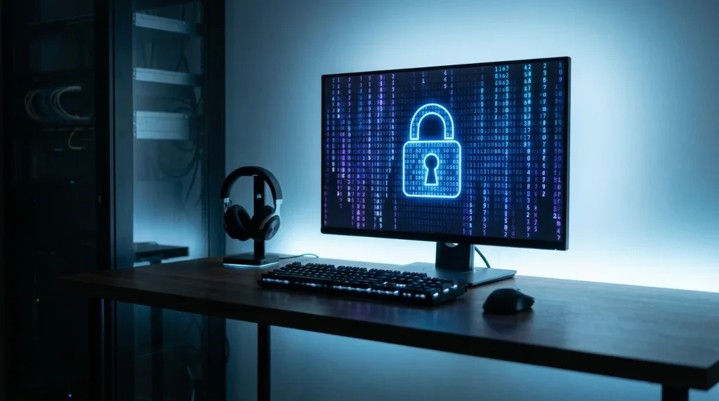 Cadeado digital sobre um ecrã de computador com código cifrado visível