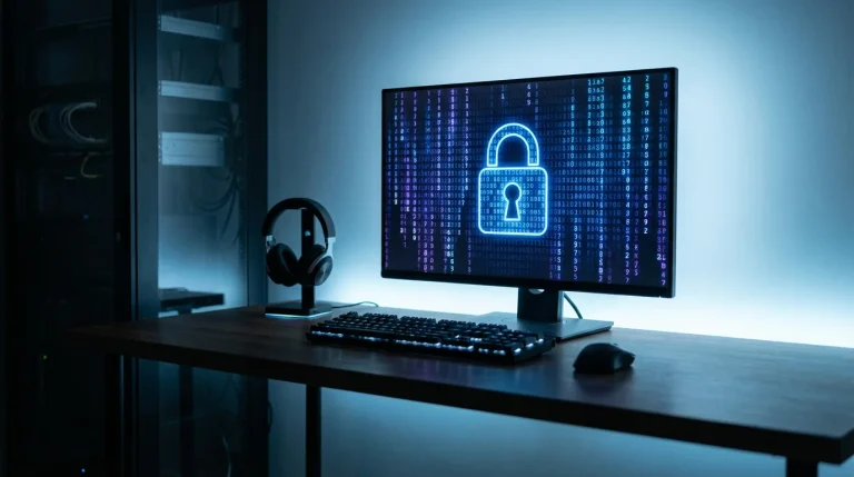 Cadeado digital sobre um ecrã de computador com código cifrado visível