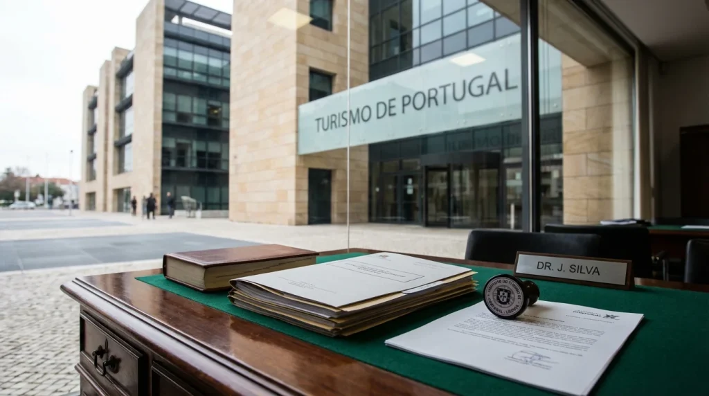 Edifício institucional do Turismo de Portugal com documentos de licenciamento de jogo online sobre uma secretária