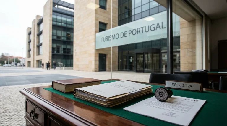 Edifício institucional do Turismo de Portugal com documentos de licenciamento de jogo online sobre uma secretária