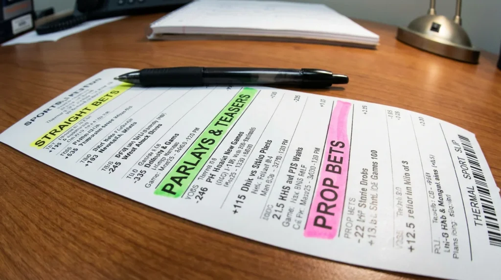 Boletim de apostas impresso com diferentes tipos de apostas assinalados sobre uma mesa